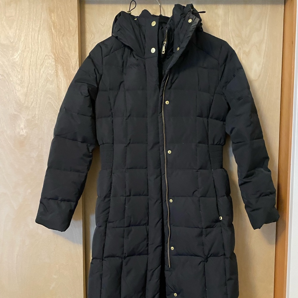 Cole hann shin length black puffer coat with cinched waist, hood, double zipper